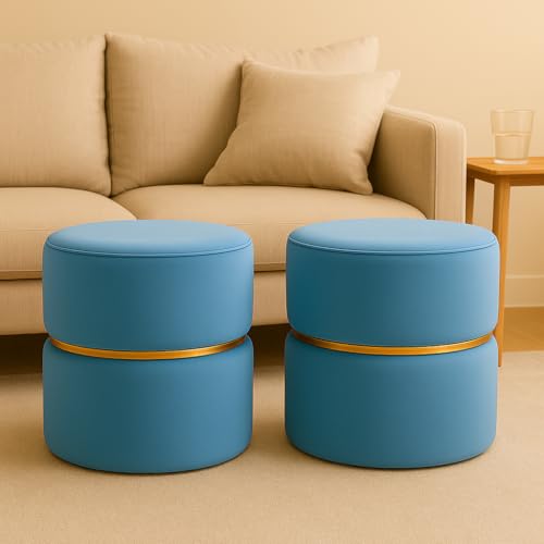 Image of Wooden Puffy Stool for Living Room Round Footstool - Ottoman Stool for Living Room Furniture Round Ottoman - Sitting Pouffe Ottoman Stool /Room Dcor /Office Stool - (Set of 2 Sky)