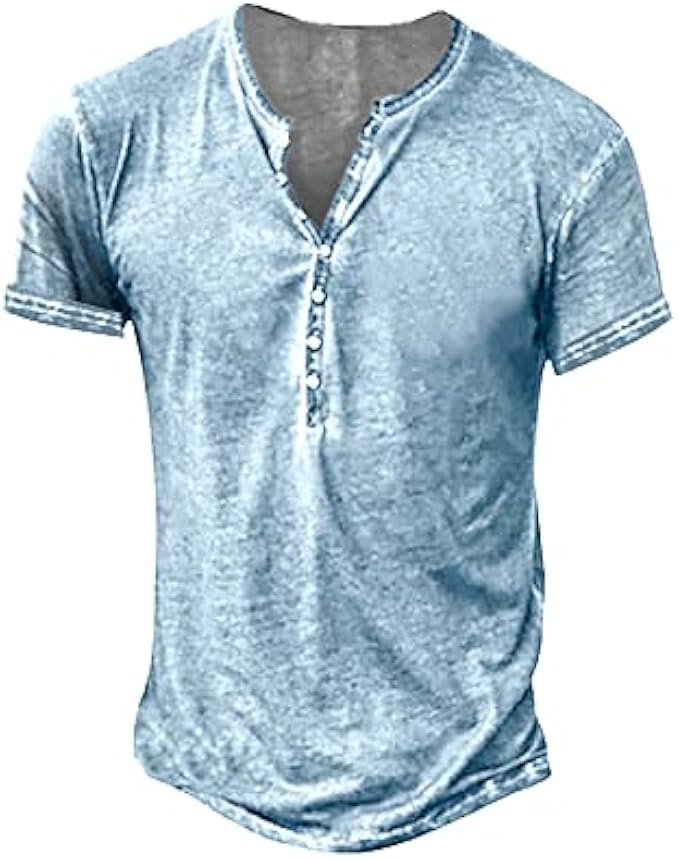 Mens Distressed Henley Shirts Retro Short/Long Sleeve Tee Shirts Casual Button Down Washed T-Shirts for Men