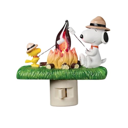 Roman Snoopy and Woodstock Campfire Night Light 4.5-Inch Peanuts Plug-in Nite Lite with Flickering Flame Fun Camping-Themed Bedroom or Holiday Dcor
