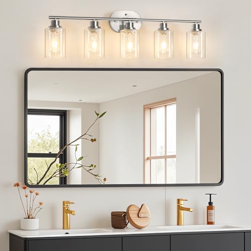 Image of Unicozin Bathroom Light Fixtures, 5 Light Vanity Lights for Bathroom, Brushed Nickel Wall Lamp with Clear Glass for Mirror, Living Room, Hallway, Cabinet, E26 Base