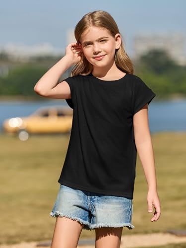 Image of Haloumoning Girls Cap Sleeve T Shirts Kids Summer Crewneck Solid Tops Tees 5-14 Years