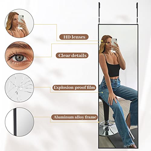 Image of BEAUTYPEAK 16 inch x 50 inch Adjustable Height Over The Door Mirror, Full Length Hanging Door Mirror with Shatterproof Tempered Glass Aluminum Alloy Frame for Bedroom, Living Room, Bathroom, Dorm, Black