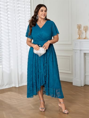 Image of SCOMCHIC Womens Plus Size Wedding Guest Dress Formal Lace Wrap V Neck High Low Short Sleeve Cocktail Maxi Dresses XL-4XL