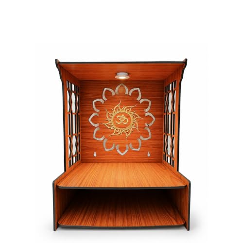 Image of Hindu Hand Crafted Wooden Puja Mandir with Drawer Religious Home Decor Wood Art and Craft Temple for Home /Office (Wooden Finish)