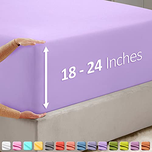 Image of Hearth & Harbor Extra Deep Pocket Queen Fitted Sheet - Fits 18 to 24 Inch Mattress - Ultra Soft 1800 Microfiber, Wrinkle-Free & Breathable - Hotel Luxury Fitted Sheet Only, Lavender