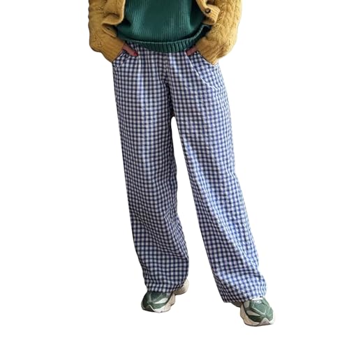 HKYFNNBW - Pantaloni da donna a quadretti a gamba larga, Y2k, vestibilità larga, a vita media, casual, con tasche, Blu, M