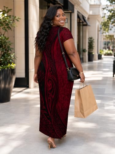 Image of Plus Size Maxi Dress for Women Short Sleeve V Neck Casual Loose Sundress with Pockets