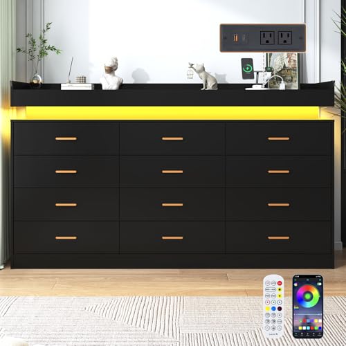 Image of jiteentarou 12 Drawer Dresser with Charging Station and LED Lights, Modern Chest of Drawers with Power Outlet, Organizer Cabinet for Bedroom, Living Room, Entryway, Black