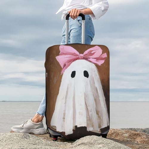 Cute Ghost With A Pink Bow Elastic Travel Luggage Covers Dustproof Scratch-Resistant Suitcase Protector Fit 22-24 Inch 7