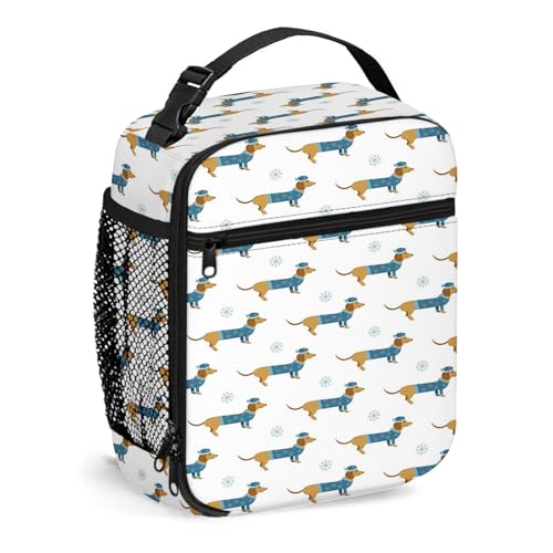 MGDDB Dachshund - Bolsa de almuerzo portátil con aislamiento, diseño de perro salchicha de dibujos animados de invierno, lonchera reutilizable, contenedor de alimentos para el trabajo, viajes, picnic