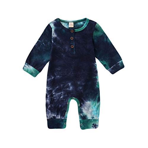 Newborn Unisex Baby Boy Girl Button Romper Long Sleeve Tie Dye Print One Piece Jumpsuit Fall Warm Clothes (Dark Blue, 0-3 Months)