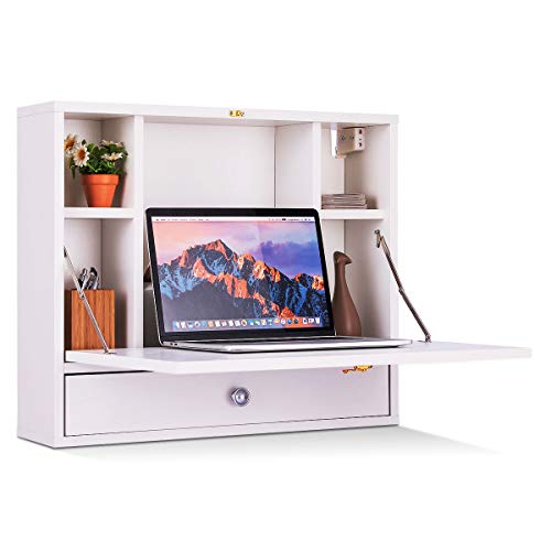 GOPLUS Table Murale Rabattable avec Compartiment Intégrée et Entrepôt Basculant, Table d’Ordinateur Murale avec Tiroir, Idéal pour Salon, Chambre, Bureau, 60 x 15 x 50 CM (Blanc)