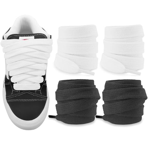 NDTEZUGT 2 Pairs Fat Athletic Shoelaces for Vans Knu Skool Classic Skate Shoes 5/8(1.5cm) Wide Cotton Chunky Big Thick Replacement Laces (Black+White 54/140cm)
