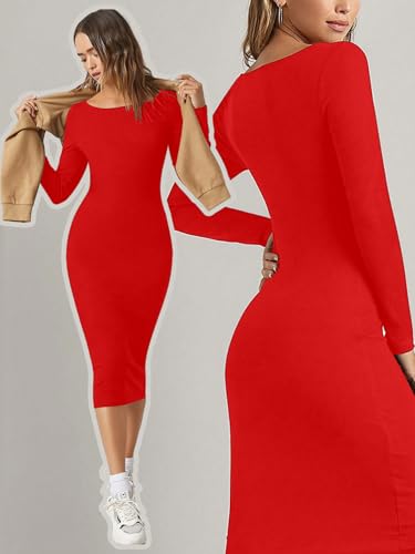 Image of Aahwan Orange Solid Round Neck Solid Bodycon Midi Dress for Women's & Girl's