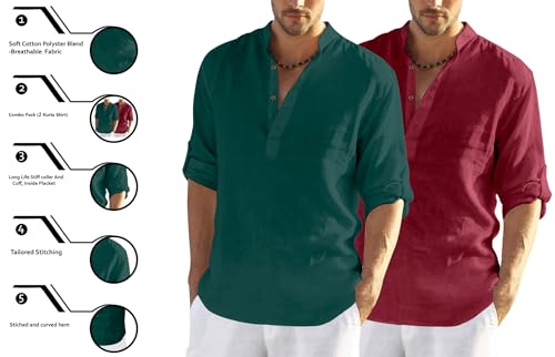 Image of FINIVO FASHION Men's Cotton Blend Solid Full Sleeve Combo Short Kurta Shirt, Regular Fit Solid Pattern Mandarin Collar Straight Kurta Shirt
