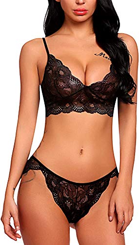 Image of Zoroo Women's Lace Lingerie Bra Panty Set Strappy Babydoll Bodysuit