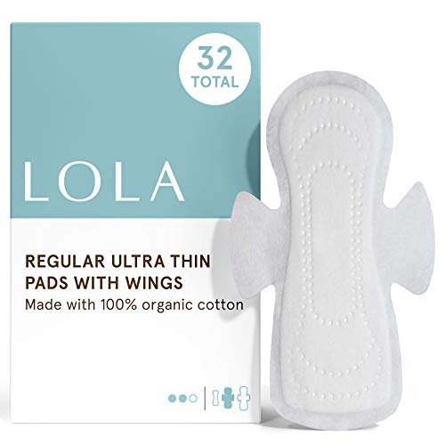 LOLA Ultra Thin Menstrual Pads with Wings, Regular Absorbency, Organic Cotton Topsheet & Core, Unscented, Chlorine Free, Hypoallergenic Sanitary Napkins, Powerful Leak Protection - Regular (32 Count)