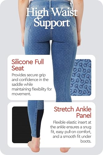 Miniatura 5 de Horze Pantalones De Montar Vaqueros Con Cintura Alta De Asiento Completo De Silicona Para Mujer Kaia, Azul, 44