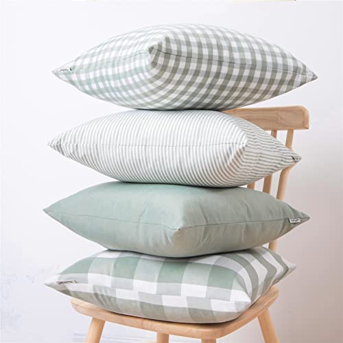 Topfinel Farmhouse Decorative Throw Pillow Covers 18X18Inch Set Of 4 Spring Green Cushion Case Buffalo Check Plaid Pillow Covers Canvas Striped Pillowcases For Bed Sofa Home Decor, Grey Green #TOP1
