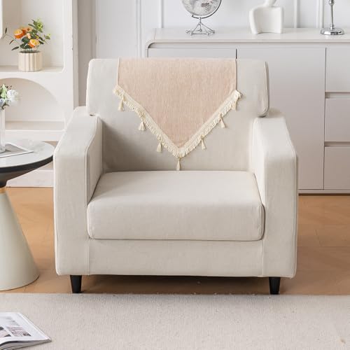 Image of HOKIPO 'Serenity Tassel' Chenille Sofa Back Cover with Tassels - 1 Pc Ivory Fringe (IN-894-BGE)