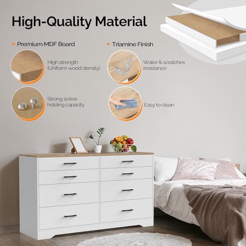 Image of VINGLI 8 Drawer Dresser 56 inch Long, White Dresser for Bedroom Baby Nursery, Wood Dressers with Combination Drawer Sizes, 17.72 inch D x 56 inch W x 32.28 inch H