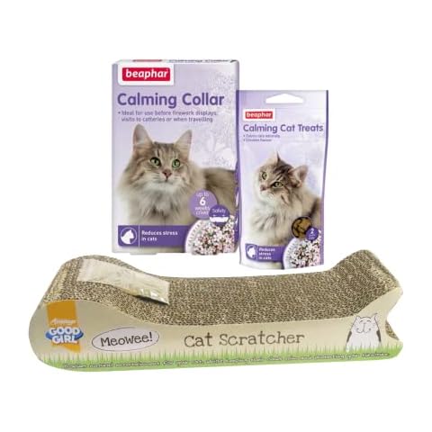 Great British Pets Cat Calming Bundle - Beaphar Calming Cat treats, Beaphar Cat Calming Collar with Cardboard Cat Scratcher Cover