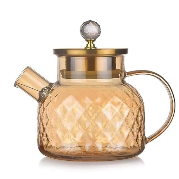 1 LTR Crystal Print Glass Teapot Kettle with Gold Lid | Heat-Resistant, Stovetop Safe Clear Glass Tea & Coffee Maker | Elegant Serveware