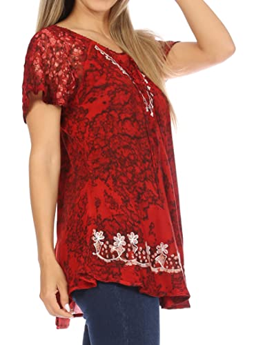 Image of Sakkas Ash Speckled Tiedye Embroidered Cap Sleeve Blouse Top with Embroidery Hems