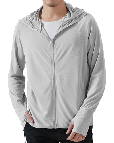 Locachy Men's UPF 50+ Sun Protection Outdoor Lightweight Full Zip Hoodie Jacket Long Sleeve Fishing Hiking Performance Shirt Light Grey M