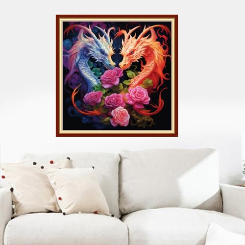 Image of Dooxvey Cross Stitch Kits for Adults Stamped Full Range of Embroidery Starter Kits for Beginners 11CT Printed Cross Stitch Patterns Needlepoint Kits Stamped Crossstitching-Dragon Flower 18x18 inch