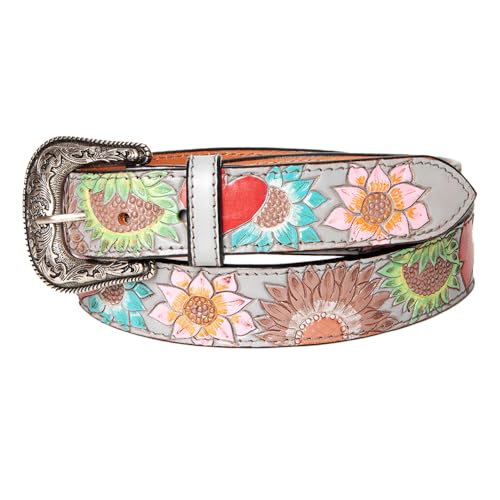 American Darling Beautifully Hand Tooled Grey Genuine American Leather Belt Men and Women Western Belt with Removable Buckle