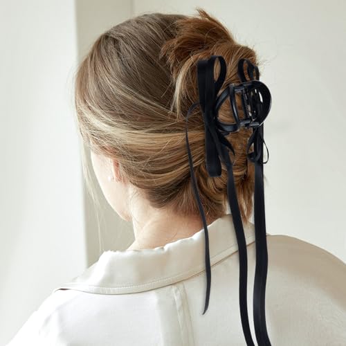 Zkptops 4 piezas Pinzas de Pelo con lazo satinadas para mujeres y niñas, clips grandes antideslizantes para cabello delgado, grueso o rizado, colores negro y blanco miniatura 3