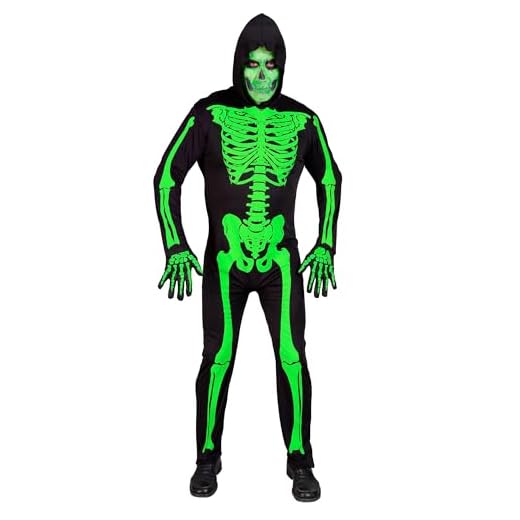 W WIDMANN MILANO Party Fashion - disfraz de esqueleto, mono con capucha, neón, brilla bajo luz ultravioleta, disfraz de Halloween