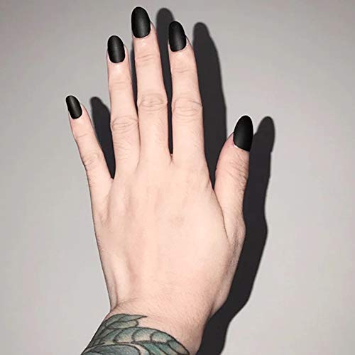 Aegenacess 24Pcs False Nails Short Oval Fake Design Black Matte Press On Gel Nail Acrylic Artificial Manicure Tips French With Double Sided Stickers for Women and Girls