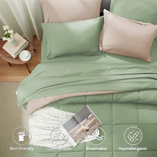 Anluoer Queen Comforter Set 7 Piece, Sage Green Bed in a Bag with Sheets, All Season Bedding Comforter Sets with 1 Comforter, 2 Pillow Shams, 2 Pillowcases, 1 Flat Sheet,1 Fitted Sheet