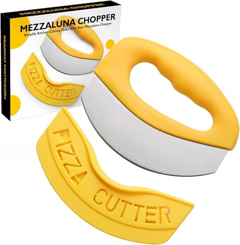Image of NILKANTH Premium Stainless Steel Pizza Cutter, Sandwich Cutter & Food Chopper | Sharp Rocker Blade Pizza Knife | Non-Slip Grip Handle with Protective Sheath | Dishwasher Safe (Yellow)