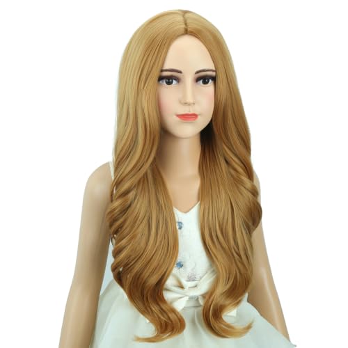 Image of Girls Strawberry Blonde Wig Kids Long Blonde Wavy Curly Wig Child Middle Part Wigs Heat Resistant Synthetic Wigs with Cap