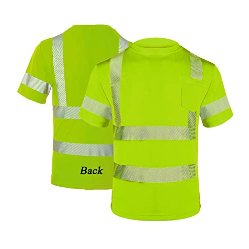 FONIRRA Hi Vis Safety T Shirt with Pocket for Men Work ANSI Class 2 Reflective Short Sleeve(Yellow,L)