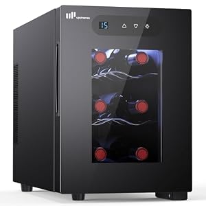 Upstreman Weinkühlschrank Klein 6 Flaschen, 5-18℃ einstellbar, Kleiner Kühlschrank mit Glastür, Weinkühler Elektrisch mit Touch-Display und LED-Innenbeleuchtung, Wine Fridge W6