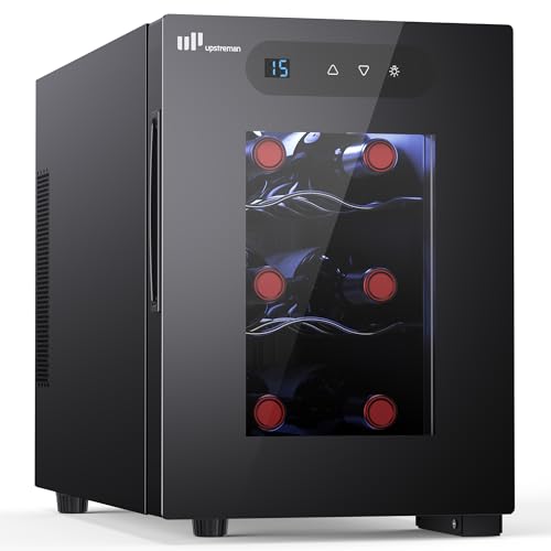 Upstreman Cantinetta Vino 6 Bottiglie., 5-18°C Regolabile, Display Touch Digitale, Silenziosa, Doppio vetro termico anti-UV, Illuminazione LED