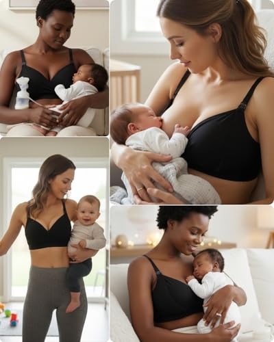 Image of Pumping Bra Hands Free Adjustable V Neck Nursing and Pumping Bra with Nursing Pads Holding Breast Pumps