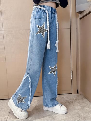 JEYPINMI Girls Straight Wide Leg Denim Pants Elastic Waist Baggy Jeans Relaxed Fit Casual Trousers2