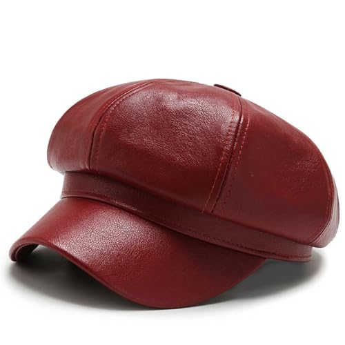 Béret pour femme et casquette de baseball octogonale : chapeau d'hiver chaud rouge vin