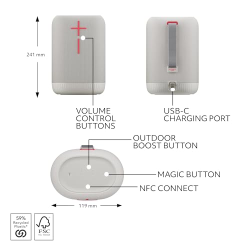 Image of Ultimate Ears EPICBOOM Portable Wireless Bluetooth Speaker - White | Immersive 360-degree sound, big bass, adaptive EQ, floatable, 17 hour battery, 180 ft range, USB C