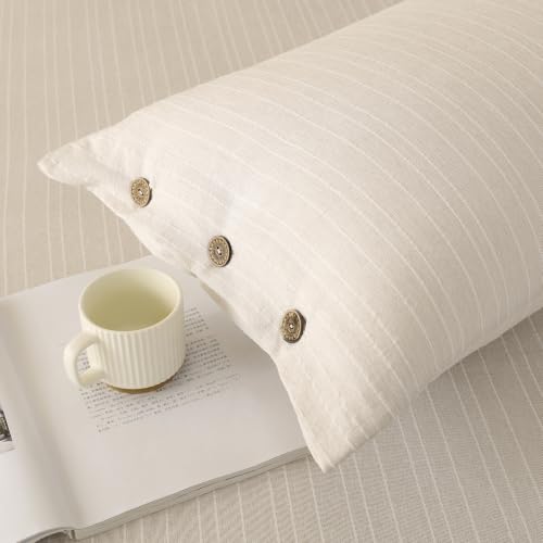 Image of Story@Home Linen King Size Bedsheet Cotton Textured Flat Sheet with 2 Pillow Covers Super Soft Bed Sheet for King Size Bed | 300 TC Striped Pattern | 250 x 270 cm | Ivory