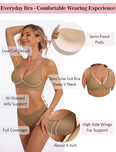 Image of Deep V Bra Wireless Sexy Push Up Bralette Padded Seamless Jelly Bra | Low Cut Plunge V-Neck, Wide Straps, Back Smoothing, Bras for Women No Underwire, Soft Comfortable Bralettes