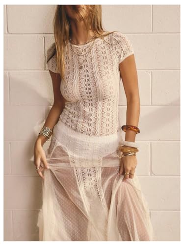 Milumia Women's Sexy See Through Lace Long Dress Short Sleeve A Line Sheer Summer Dresses4