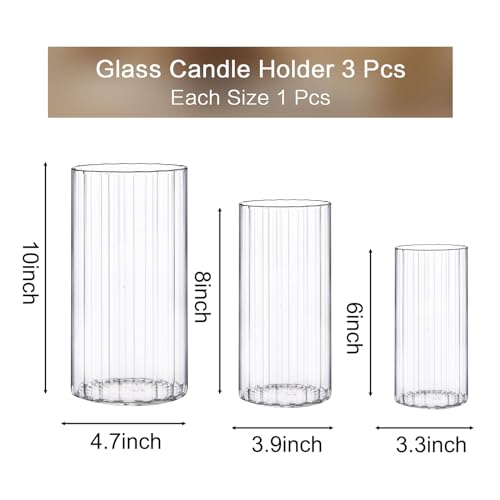 PHOSPHOR Cylinder Glass Candle Holder 6'', 8'', 10'', Hurricane Candle Holder for Pillar Candle Clear Glass Cylinder Centerpieces Glass Vases Floral Room Decor 3 Pieces