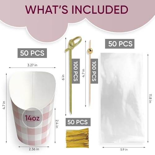 Charcuterie Cups With Sticks - [50 Cups + 200 Picks + 50 Bags &amp; Ties] -14 oz Kraft Charcuterie Cups with Cocktail Picks (3 Types) - Disposable Paper Appetizer Cups - Popcorn Boxes - French Fry Holder