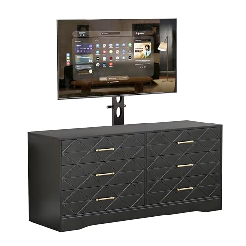 TV Stand With 6 Storage Drawers For Bedroom Living Room Universal TV Stand With Mount Fit 32-80 Inch TVs Black Entertainment Center Farmhouse Wood Media Console Tables With Height Adjustable Mount